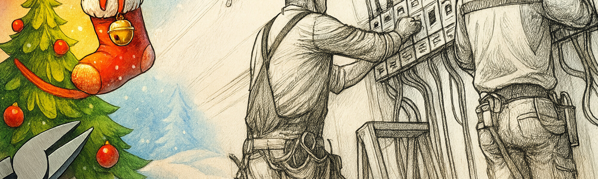 Eine Zeichnung zeigt zwei Elektriker in Arbeitskleidung, die an einem Schaltschrank mit zahlreichen Kabeln und Sicherungseinheiten arbeiten, links ein Weihnachtsbaum und Deko.